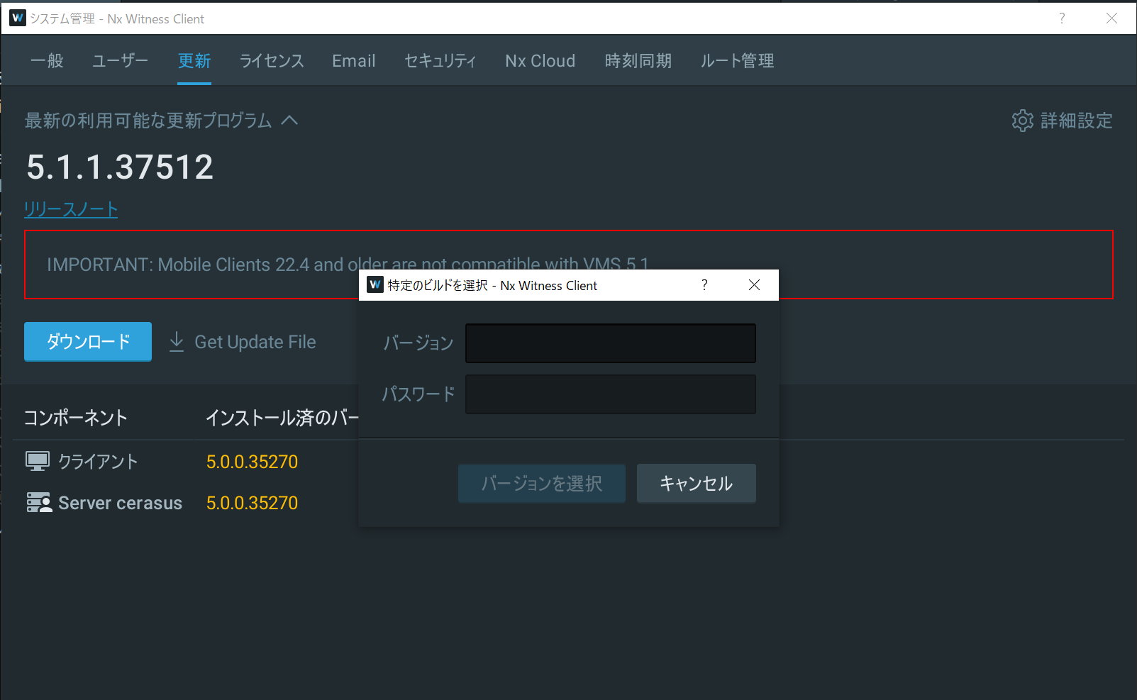 特定のバージョンの Nx Witness サーバーをインストールしたい